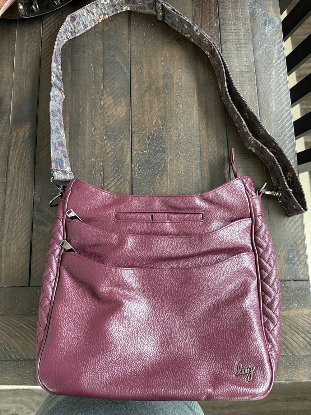 Lug Burgundy Quilted-Accent Crossbody Bag with Patterned Strap